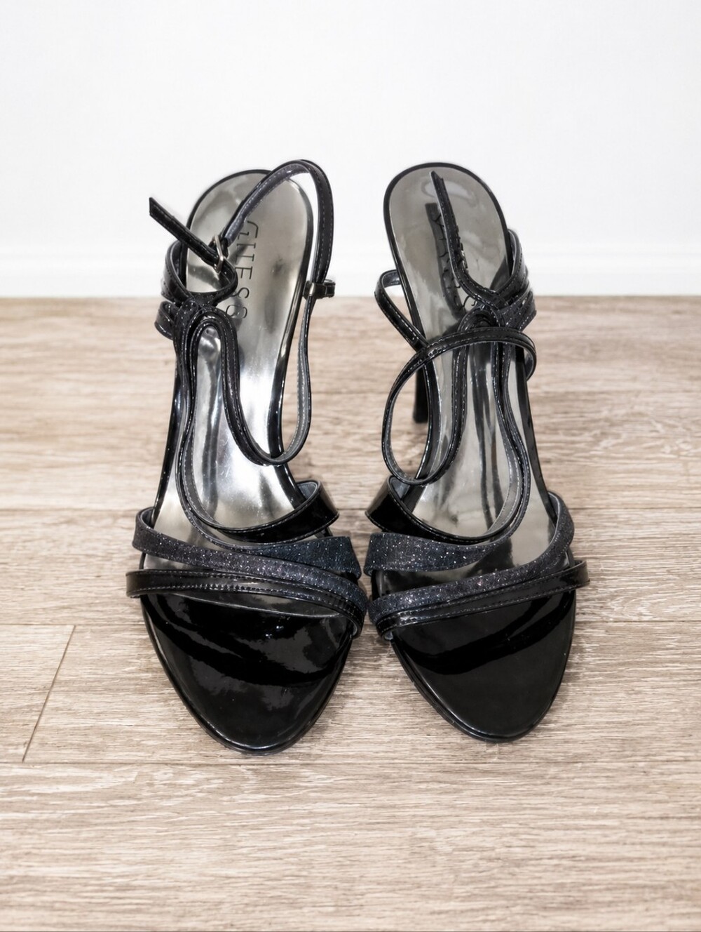 Guess Black Patent Strappy High-Heel Sandals 4 Inch Heels Size 6